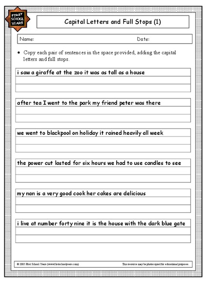 Capital Letters and Full Stops Worksheet