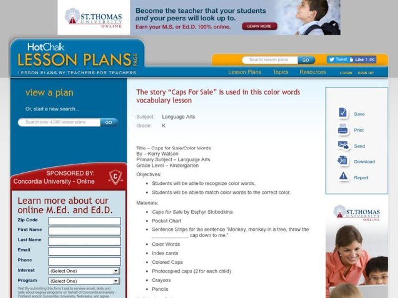 Caps for Sale/Color Words Lesson Plan