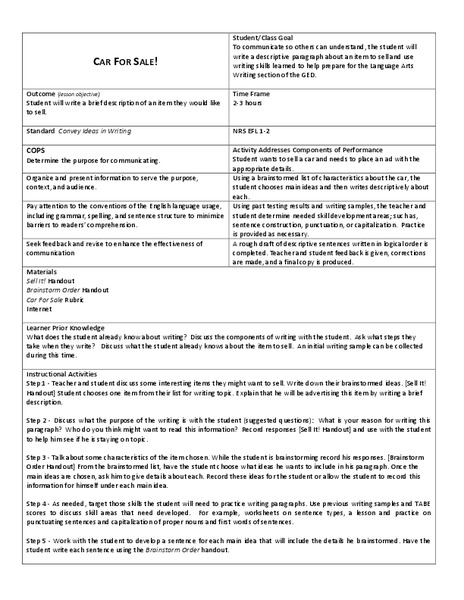 Car For Sale! Lesson Plan