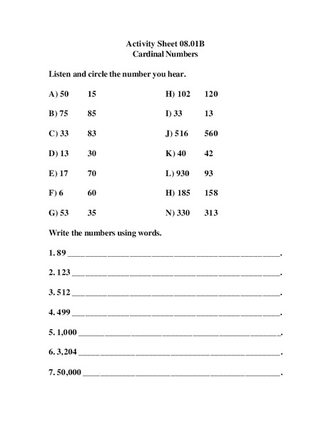 Cardinal Numbers Lesson Plan