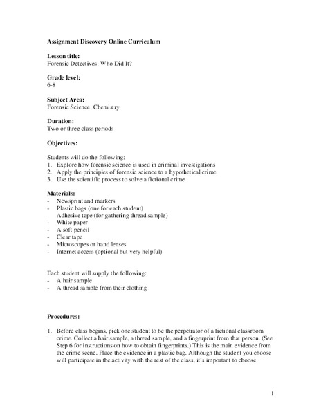 Forensic Detectives: Who Did It? Lesson Plan