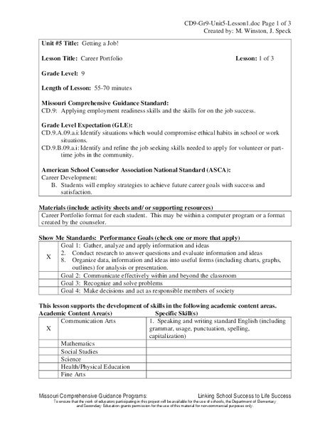 Career Portfolio Lesson Plan for 9th Grade | Lesson Planet