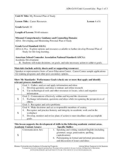 Career Resources Lesson Plan