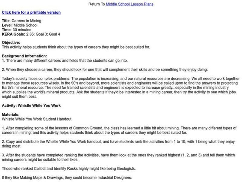 Careers in Mining Lesson Plan