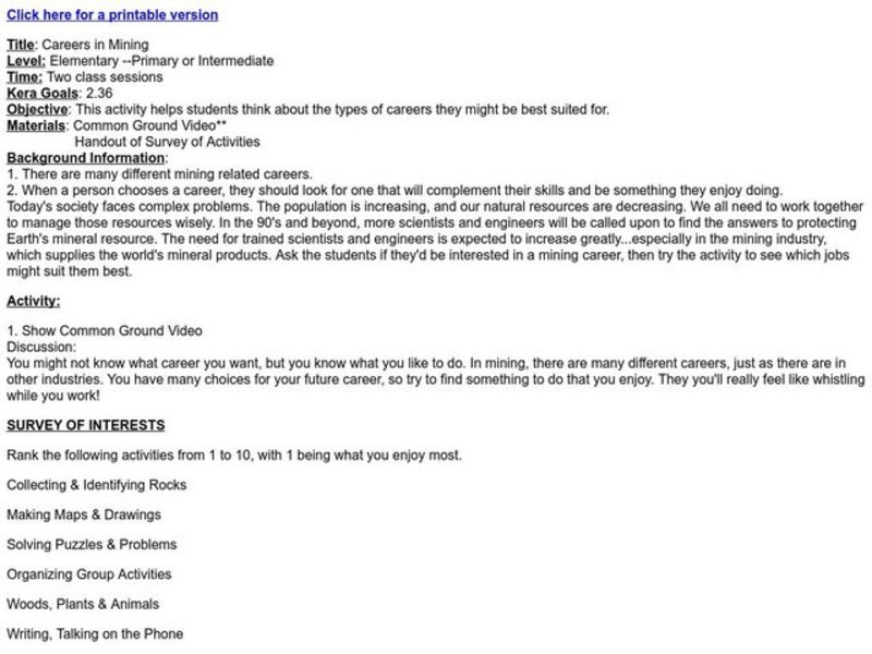 Careers in Mining Lesson Plan