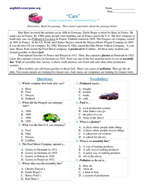 Cars Worksheet