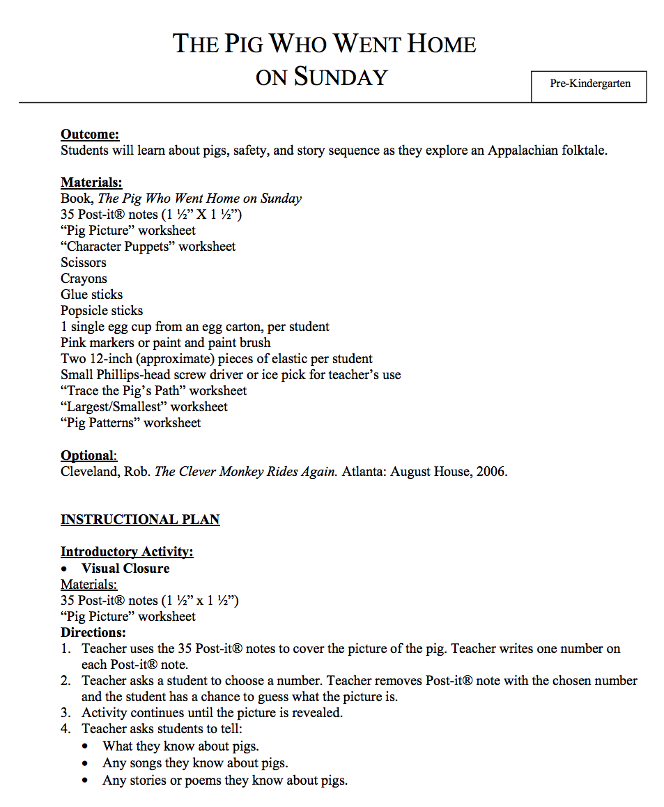 The Pig Who Went Home on Sunday Lesson Plan