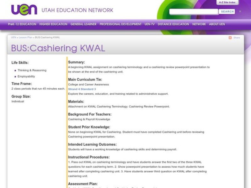 Cashiering KWAL Lesson Plan