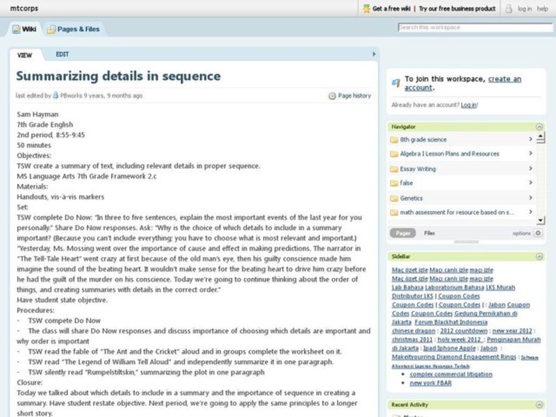 Summarizing Details in Sequence Lesson Plan