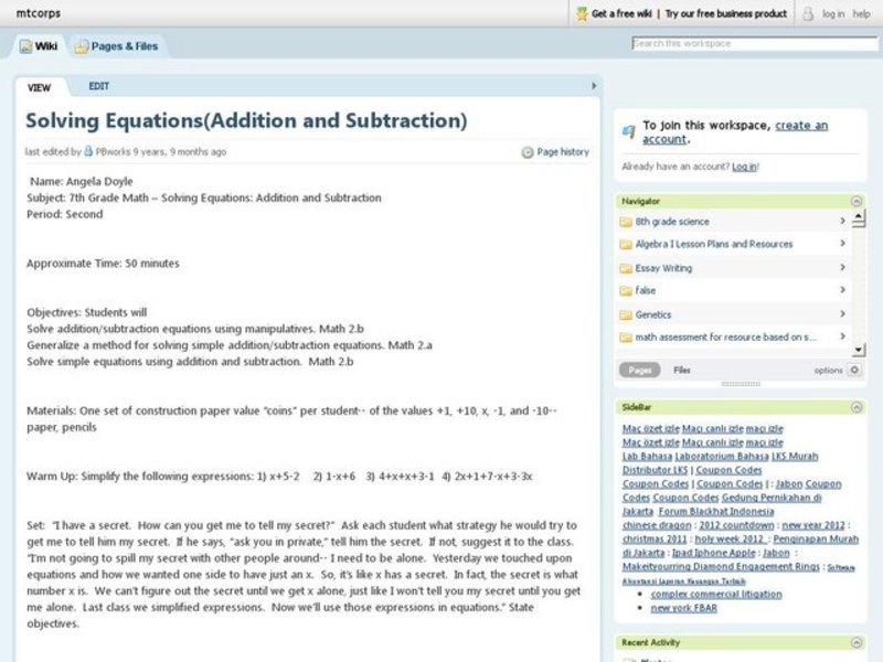 Solving Equations- Addition And Subtraction Lesson Plan