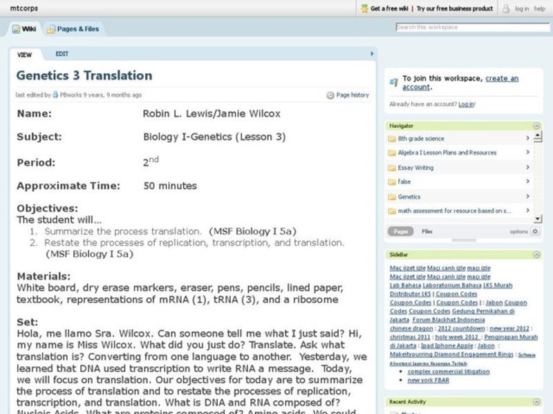 Genetics 3 Translation Lesson Plan