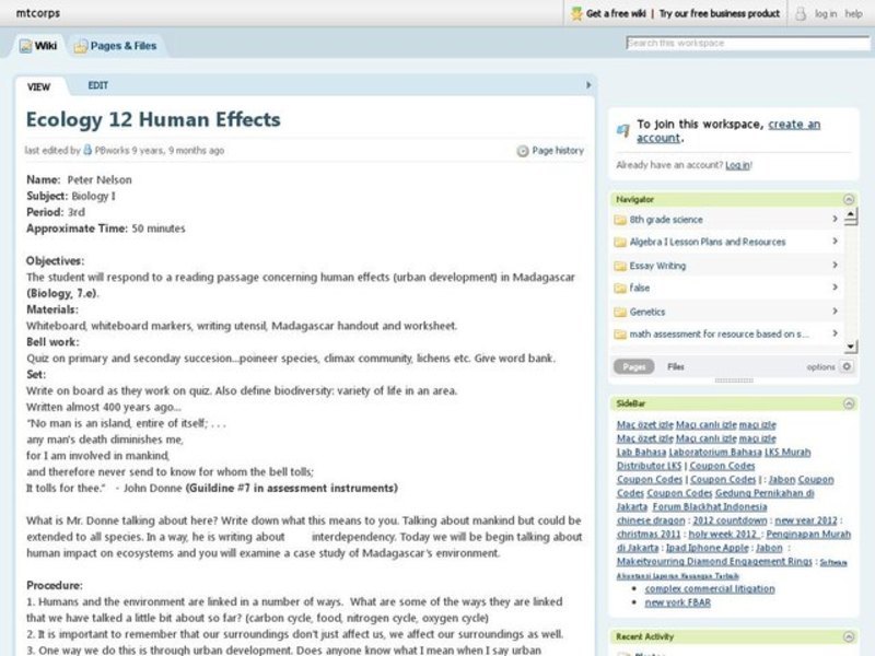 Ecology 12 Human Effects Lesson Plan