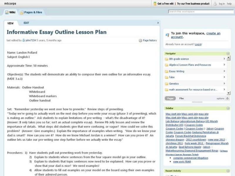 Informative Essay Outline Lesson Plan Lesson Plan