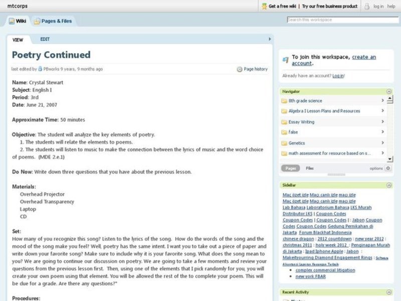 Poetry Continued Lesson Plan