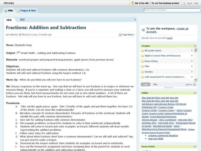 Fractions:  Addition and Subtraction Lesson Plan