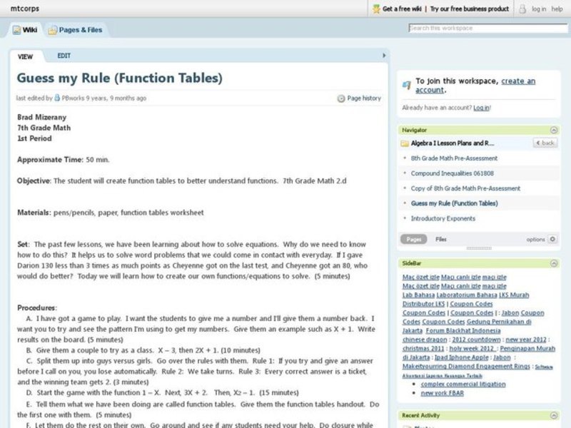 Guess My Rule (Function Tables) Lesson Plan