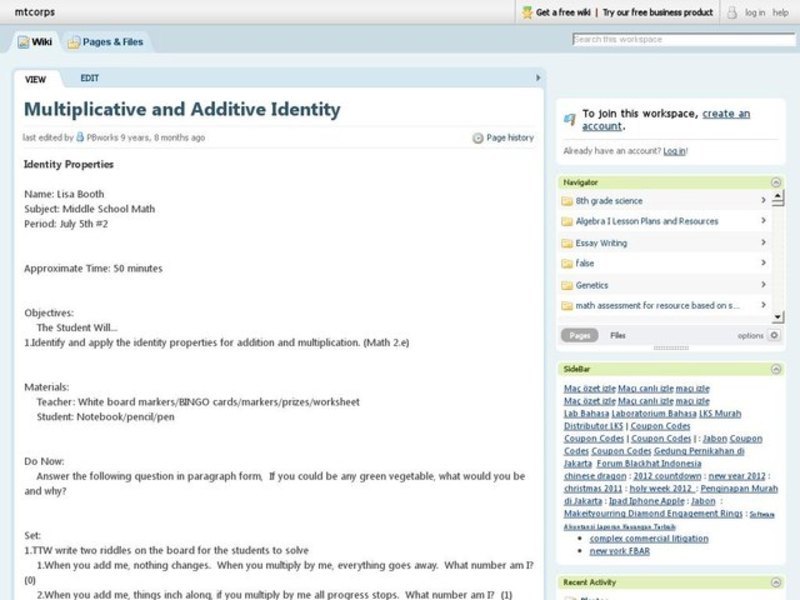 Multiplicative and Additive Identity Lesson Plan
