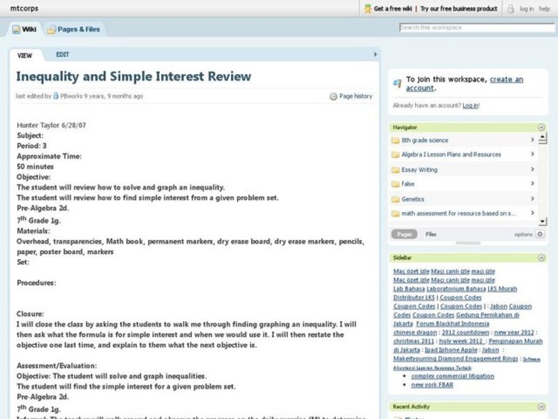 Inequality and Simple Interest Review Lesson Plan
