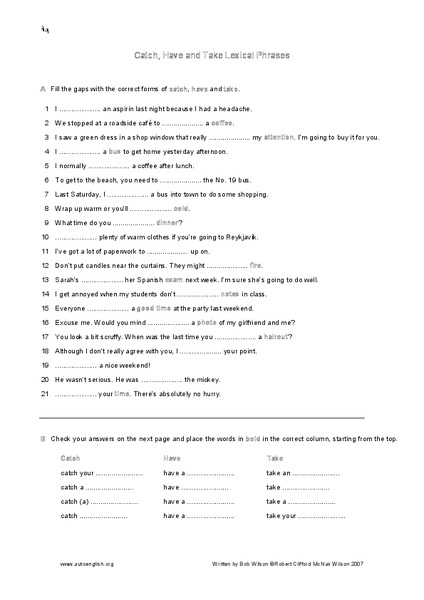 Catch, Have, and Take Lexical Phrases Worksheet