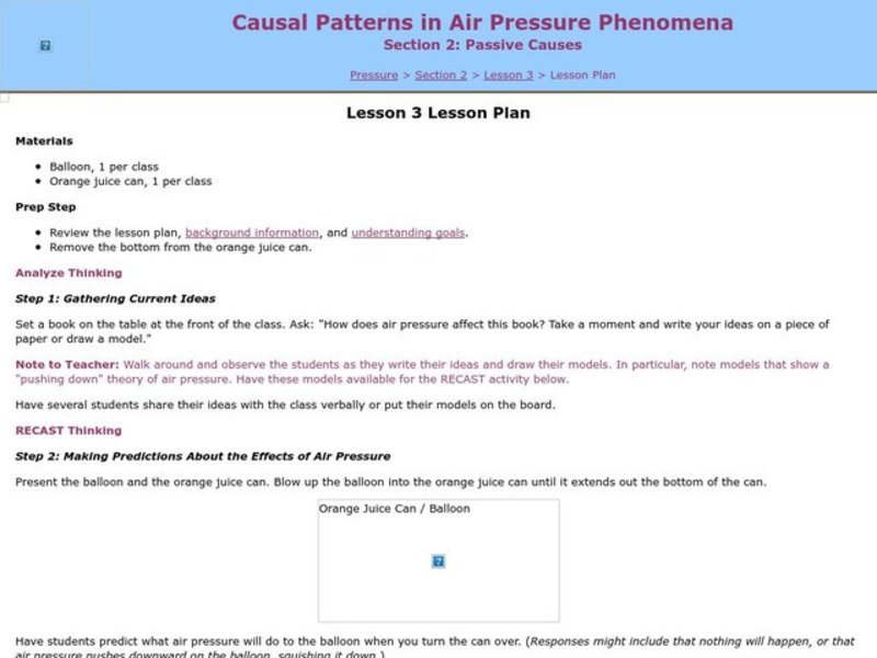 Causal Patterns in Air Pressure Phenomena Lesson Plan