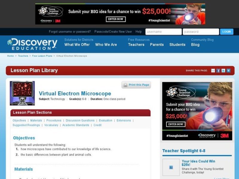 The Virtual Electron Microscope Lesson Plan