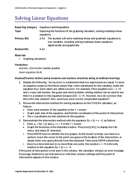 Solving Linear Equations Lesson Plan