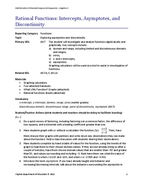 Rational Functions: Intercepts, Asymptotes, and Discontinuity Lesson Plan