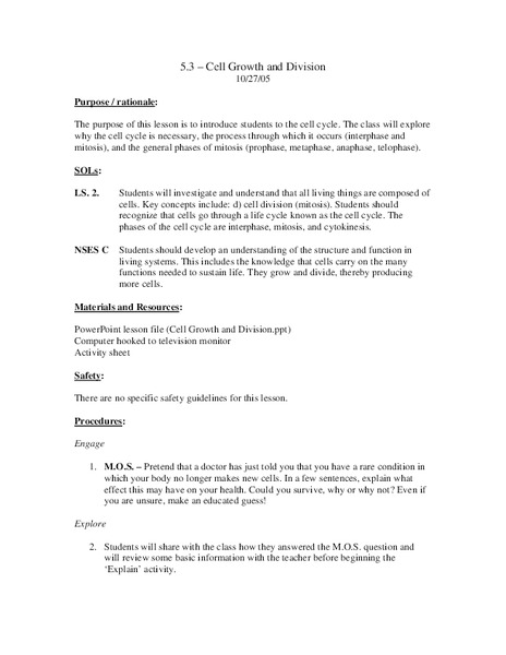 Cell Growth and Division Lesson Plan