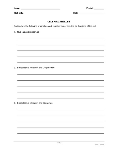 Cell Organelles Worksheet