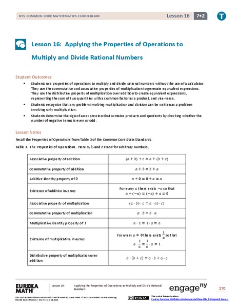 Applying the Properties of Operations to Multiply and Divide Rational Numbers Lesson Plan