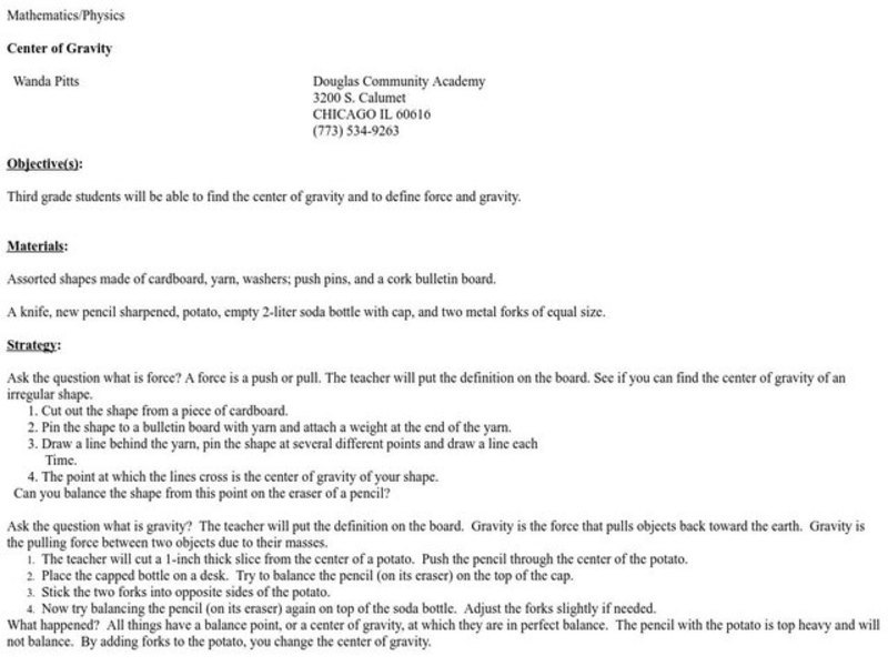 Center of Gravity Lesson Plan