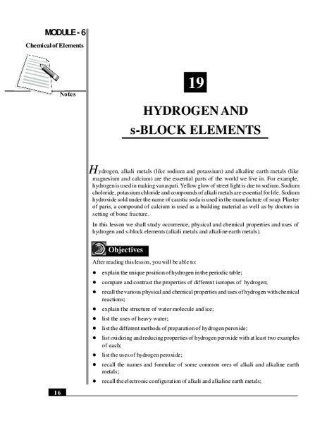 Hydrogen and s-Block Elements Handout