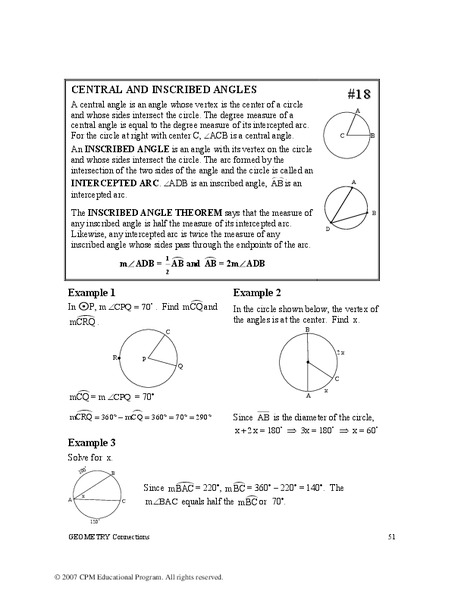 Central and Inscribed Angles Worksheet