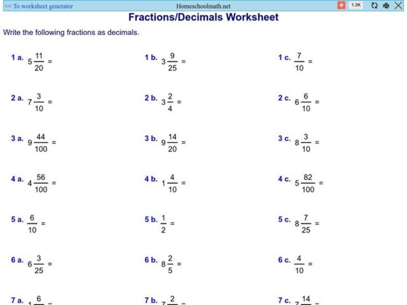 Change Fractions to Decimals Worksheet