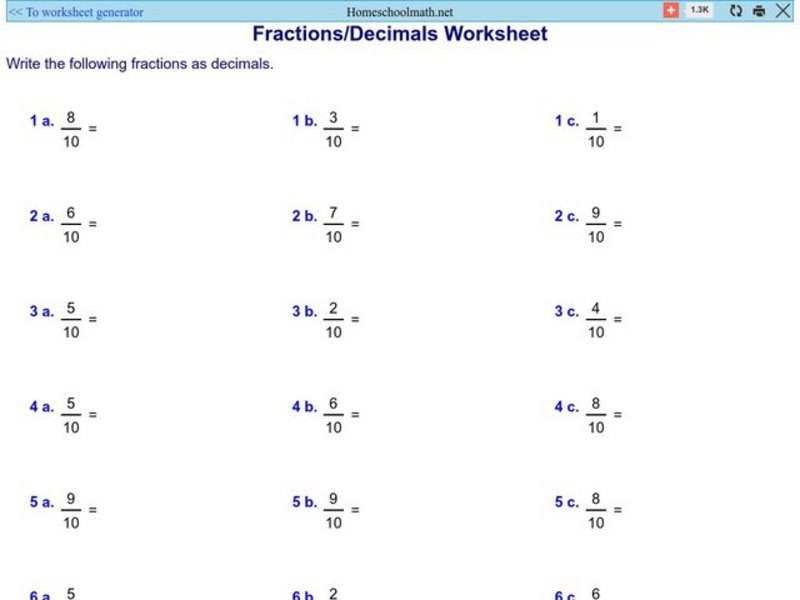 Change Fractions to Decimals Worksheet