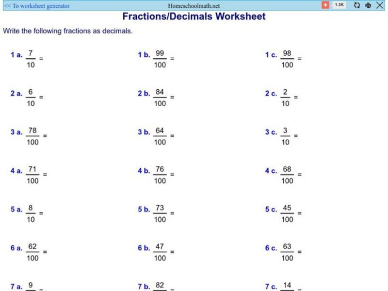 Change Fractions to Decimals Worksheet