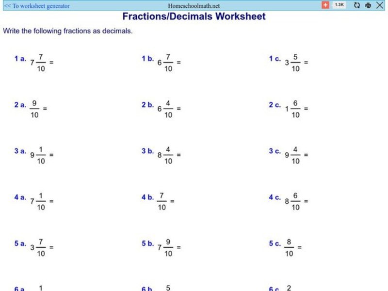 Change Fractions to Decimals Worksheet