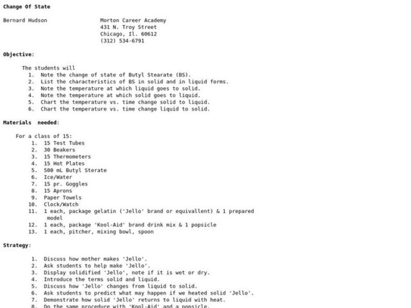 Change of State Lesson Plan