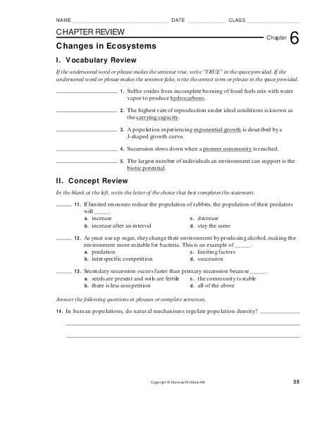 Changes in Ecosystems Worksheet