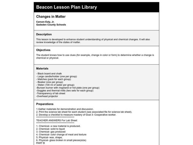 Changes in Matter Lesson Plan