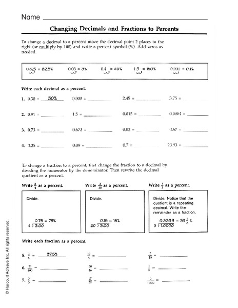 Changing Decimals and Fractions to Percents Worksheet