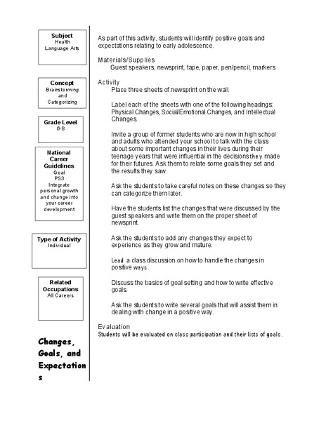 Changes, Goals, and Expectations Lesson Plan