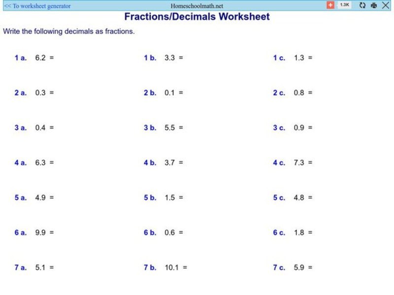 Changing Fractions to Decimals Worksheet