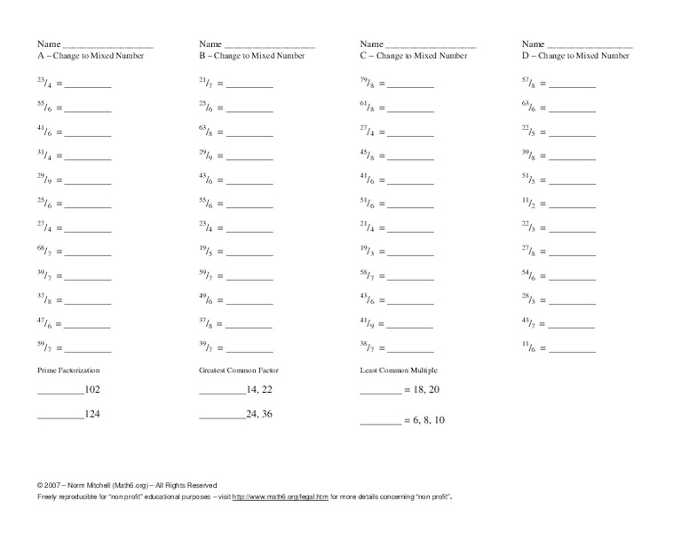 Changing Improper Fractions to Mixed Numbers Worksheet