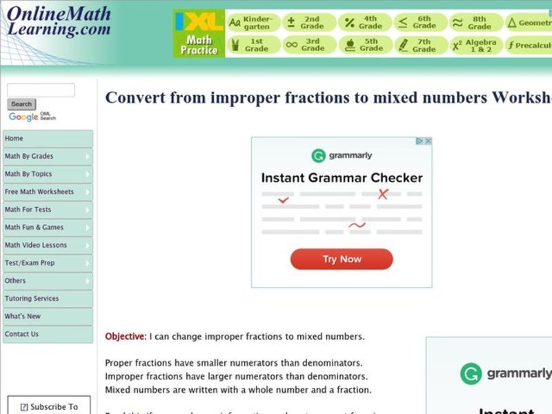 Changing Improper Fractions to Mixed Numbers Worksheet