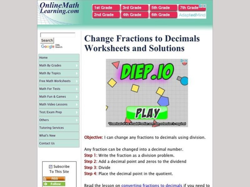 Changing Fractions to Decimals Worksheet