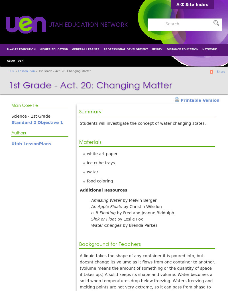 Changing Matter Lesson Plan