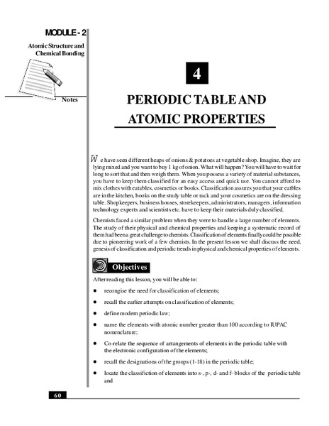Periodic Table and Atomic Properties Handout