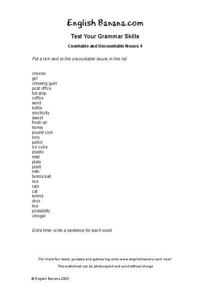 Uncountable Nouns Worksheet