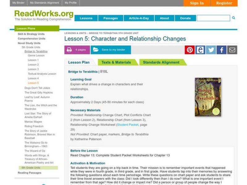 Character and Relationship Changes Lesson Plan